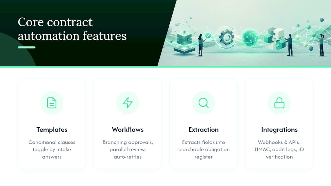 Diagram of contract automation capabilities: template engine, workflow builder, agreement intelligence and integrations